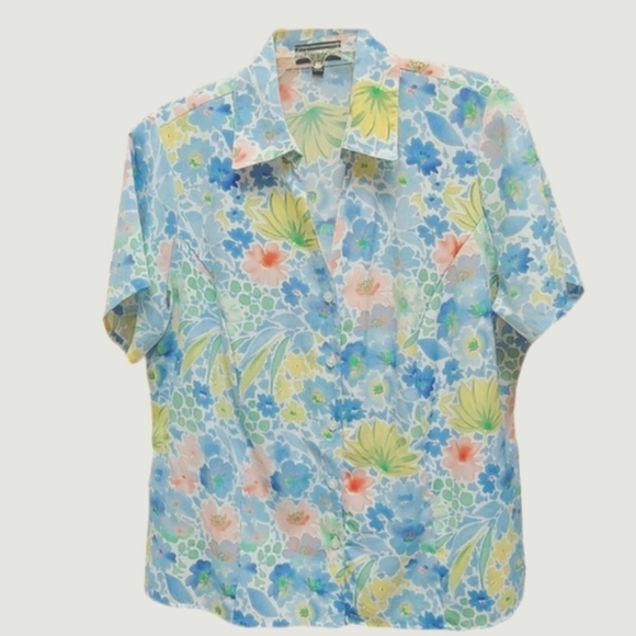 Elementz Tops - Elementz Silky Button Down Shirt Full Fashion Rose and Floral Detail VNeck